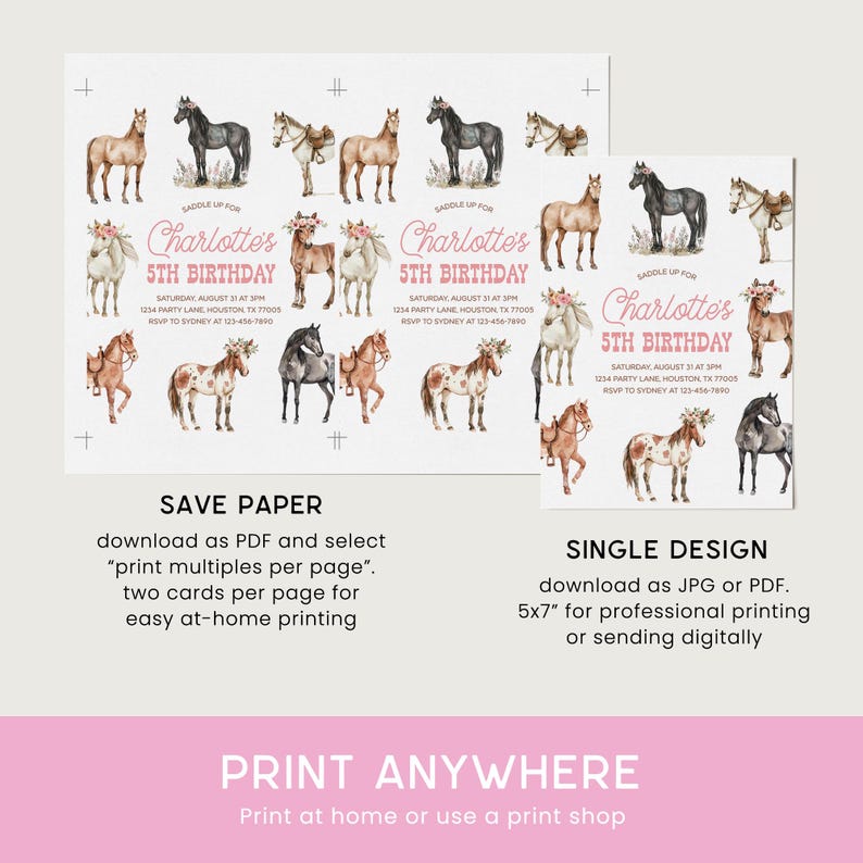 May include: Printable invitation for a 5th birthday party with a horse theme. The invitation features a watercolor illustration of horses and the text "Saddle Up for Charlotte's 5th Birthday".