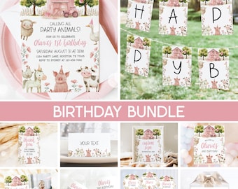Farm Bundle, Farm Girl Birthday Invitation, Barnyard Ranch Floral Pink Barn Animals Girl Birthday Party Bundle Editable Templates 79FM
