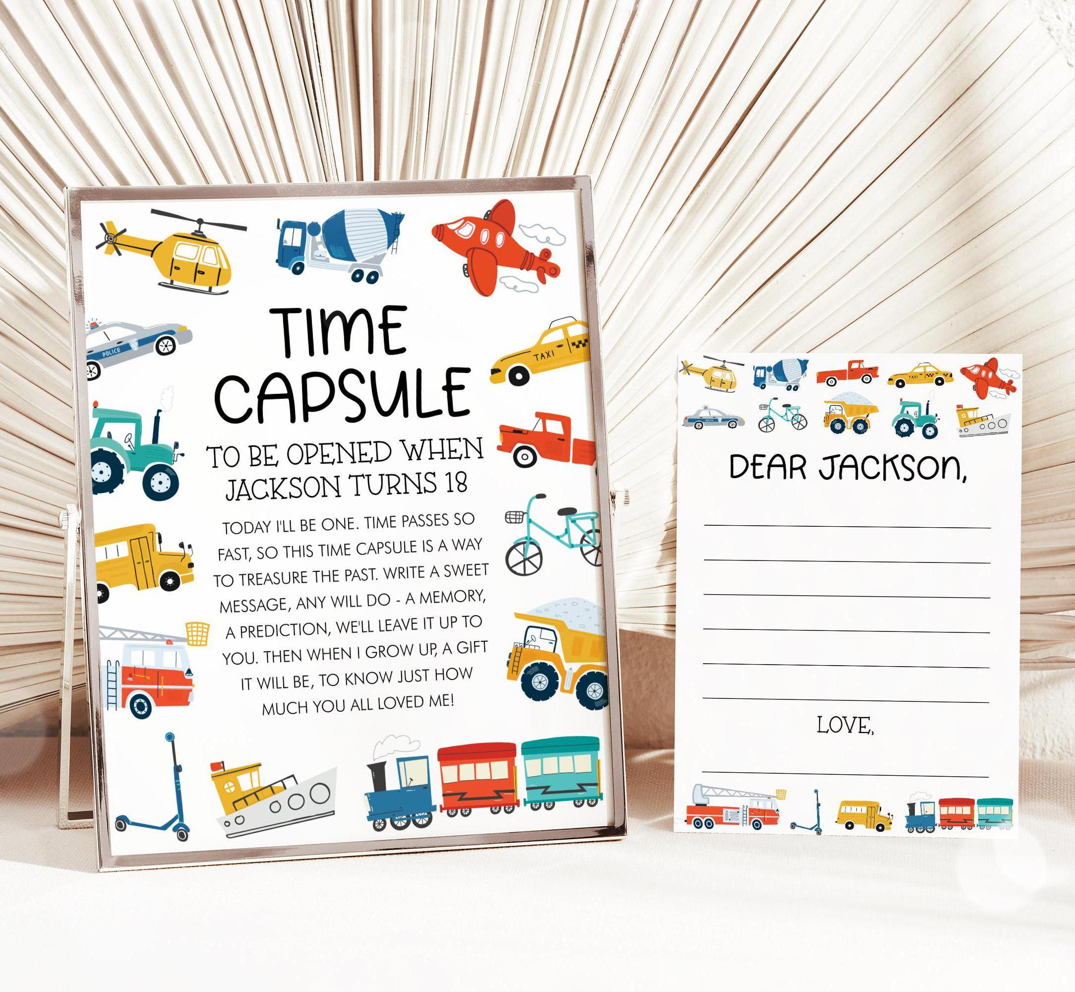 Transportation Time Capsule, Things That Go Boy 1st Birthday Guest Book, Cars Trucks Vehicles Time Capsule Party Decorations Template 12TR