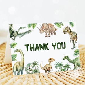 Tarjeta de agradecimiento de dinosaurio, tarjeta de agradecimiento de cumpleaños de dinosaurio, plantilla editable de tarjeta de agradecimiento plegada de tres Rex del T-Rex Jurásico 18DN