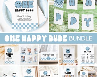 One Happy Dude Birthday, Blue Smiley Face 1st Birthday Bundle, One Happy Guy Boy 1st Birthday Invitation Editable Templates 59SM