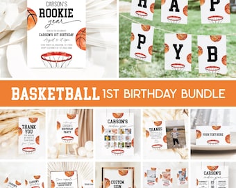 Basketball 1st Birthday Bundle, Rookie Year Invitation, Basketball Boy 1st Birthday Party Package Editable Templates 26BA