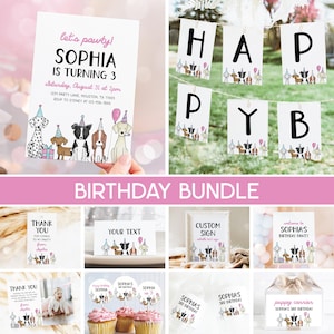 Dog Birthday Bundle, Puppy Party Invitation, Lets Pawty Dog Theme Girl Birthday Party Bundle Editable Templates 43DG