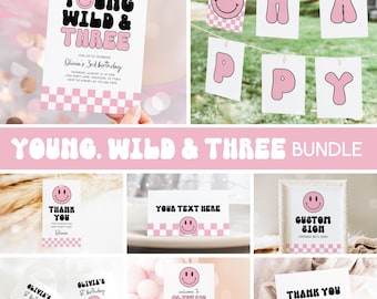 Pink Smiley 3. Geburtstag Bundle, Junge Wilde und Drei Einladung, Junge Wilde und 3 Mädchen 3. Geburtstag Party Paket Bundle Vorlage 58SM