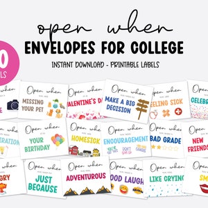 Open When Envelopes for College Students, Open When Letters College Care Package, Printable Open When Cards Labels Instant Download SCH1 image 1
