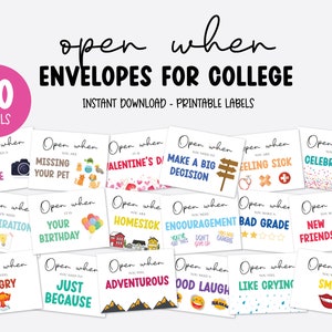 Öffnen Sie wenn Umschläge für College-Studenten, öffnen Sie wenn Briefe College Care Paket, druckbare Öffnen Sie wenn Karten Etiketten Sofortdownload SCH1