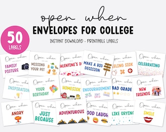 Open When Envelopes for College Students, Open When Letters College Care Package, Printable Open When Cards Labels Instant Download SCH1