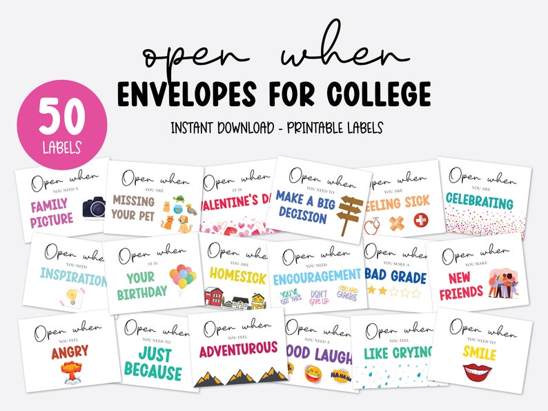 Open When Envelopes for College Students, Open When Letters College Care Package, Printable Open When Cards Labels Instant Download SCH1 image 1