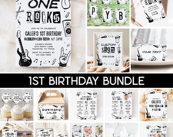 Rock and Roll First Birthday Party Bundle, One Rocks Invitation, Drums Guitar Music Boy 1st Birthday Bundle Editable Templates 40RR