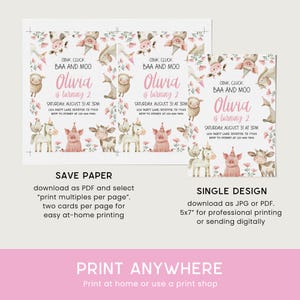 May include: Printable invitation for a 2nd birthday party with a farm animal theme. The invitation features a pink pig, a cow, a sheep, a unicorn, and a chicken. The text on the invitation reads "Oink, Cluck, BAA and Moo Olivia is turning 2 Saturday, August 31 at 3:00 PM 1234 Party Lane Houston, TX 77005 RSVP to Sydney at 123-456-7890".