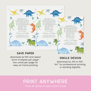 May include: Dinosaur-themed birthday party invitations. The design features colorful dinosaur illustrations, including a T-Rex, and the text "Anthony's a Three Rex." The invitations are available in two formats: save paper and single design.