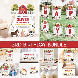 May include: A printable 3rd birthday party bundle with a farm theme. The bundle includes invitations, thank you cards, banners, cupcake toppers, and a sign. The design features a red barn, farm animals, and the text "Oliver's 3rd Birthday".