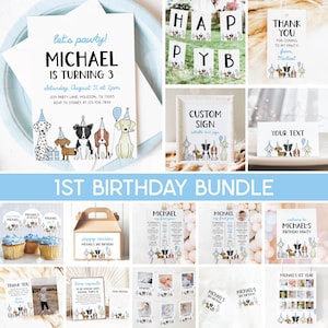 Dog 1st Birthday Bundle, Puppy Party Invitation, Lets Pawty Dog Theme Boy First Birthday Party Bundle Editable Templates 42DG