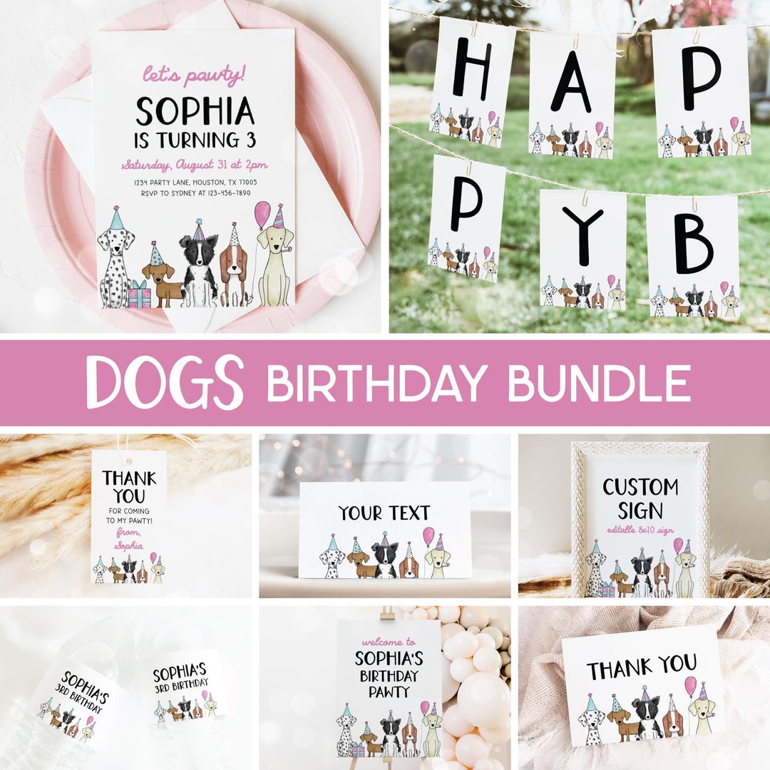 Dog Birthday Bundle, Puppy Party Invitation, Lets Pawty Dog Theme Girl ...
