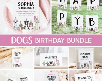 Lot d'anniversaire de chien, faire-part de fête de chiot, ensemble de fête d'anniversaire pour fille sur le thème du chien Pawty, modèles modifiables 43DG