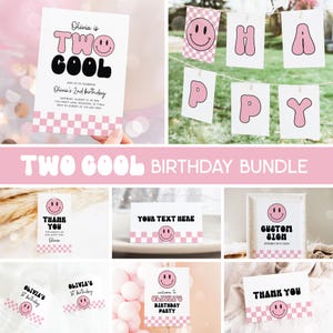 May include: A collection of pink and white birthday party decorations. The invitation reads "Olivia is Two Cool" with a smiley face. Other items include a banner that says "Happy", thank you cards, and signs with customizable text.
