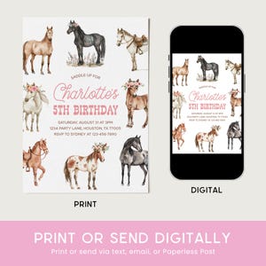 May include: Printable or digital invitation for a 5th birthday party with a horse theme. The invitation features a watercolor illustration of horses with floral crowns and the text "Saddle Up For Charlotte's 5th Birthday".