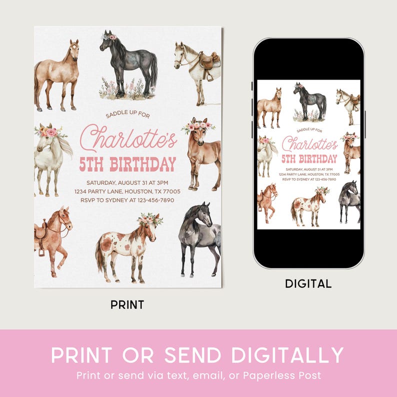 May include: Printable or digital invitation for a 5th birthday party with a horse theme. The invitation features a watercolor illustration of horses with floral crowns and the text "Saddle Up For Charlotte's 5th Birthday".