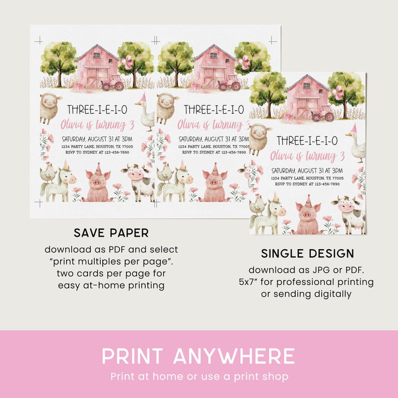 May include: Printable invitation for a farm-themed birthday party. The invitation features a pink barn, farm animals, and the text "THREE-I-E-I-O Olivia is turning 3".