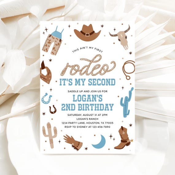 Second Rodeo Invitation, Cowboy 2nd Birthday Party, Western This Ain't My First Rodeo It's My Second Boy 2nd Birthday Editable Template 87RO