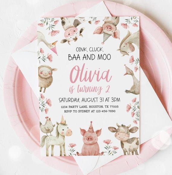 Baa Oink Moo I'm Two Invitation, Farm Girl 2nd Birthday Party, Barnyard Cute Barn Animals Invite Editable Template 79FM
