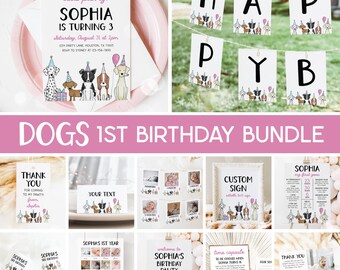 Dog 1st Birthday Bundle, Puppy Party Invitation, Lets Pawty Dog Theme Girl First Birthday Party Bundle Editable Templates 43DG
