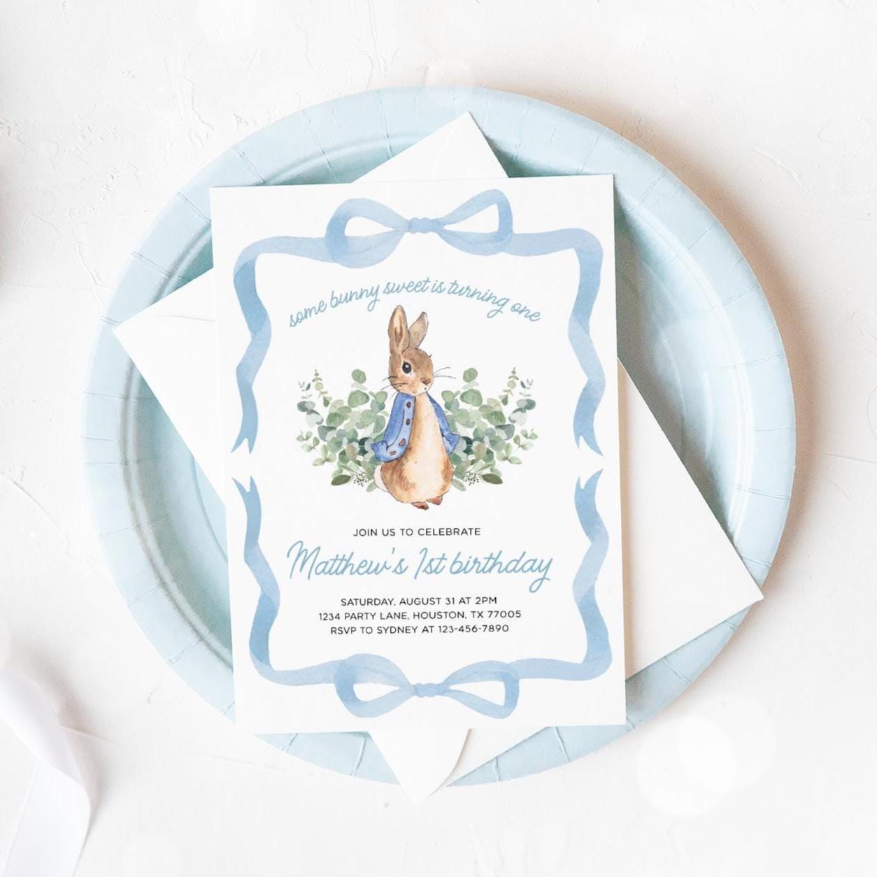 Peter Rabbit Birthday Invitation, Blue Bow Greenery Bunny Boy Birthday ...