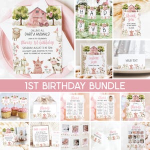 Farm Girl 1st Birthday Bundle, Barn Animals Invitation, Barnyard Floral Pink Barn Girl First Birthday Party Bundle Editable Templates 79FM
