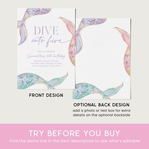 Dive into Five Invitation, Mermaid 5th Birthday Party, Dive into 5, Glitter Sparkle Mermaid Tail Invite Editable Template 23MR image 4