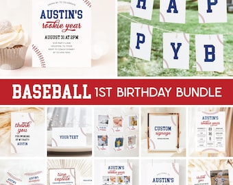 Rookie Year Baseball 1st Birthday Bundle, Baseball Invitation, Baseball Boy First Birthday Party Bundle Editable Templates 75BB