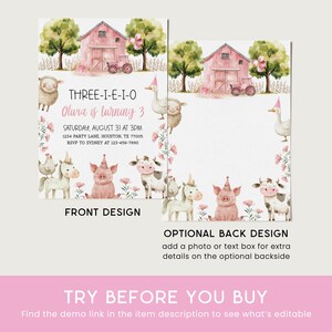 May include: A pink and white farm-themed birthday invitation with a red barn, a tractor, and farm animals. The text on the invitation reads "THREE-I-E-I-O Olwia is turning 3".