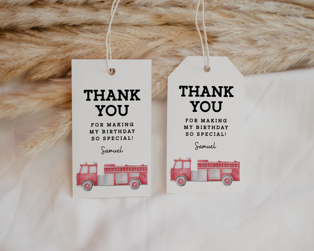 Firetruck Birthday Party Favor Tag Editable Template, Firefighter Thank