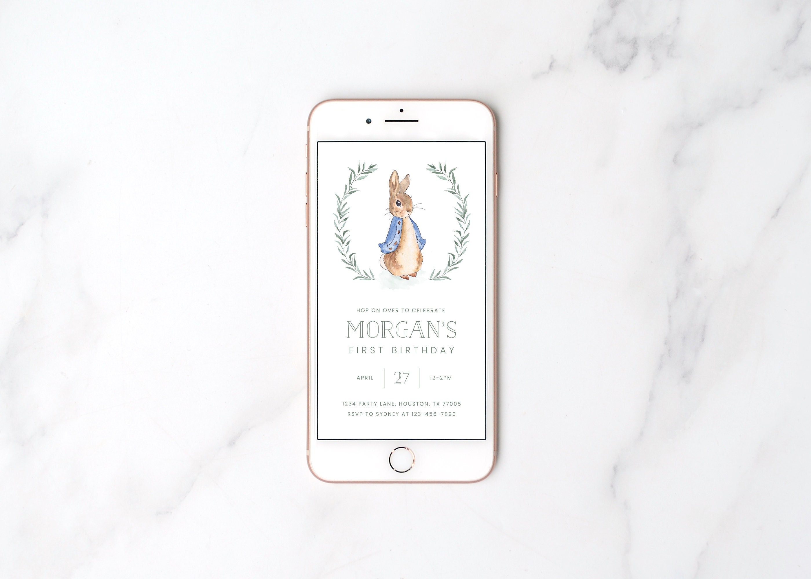 Editable Peter Rabbit Birthday Digital Invitation Boy Peter Rabbit Party Bunny 1st Birthday Phone Text Invite Download Template 1011