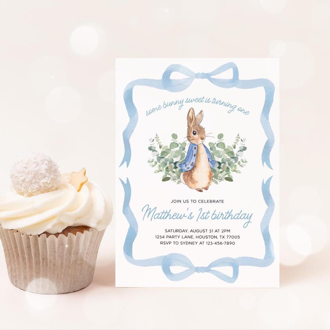Peter Rabbit Birthday Invitation, Blue Bow Greenery Bunny Boy