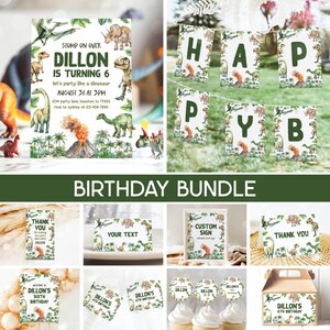 Dinosaur Birthday Bundle, Dinosaur Invitation, T-Rex Jurassic Dino Birthday Party Bundle Editable Templates 18DN