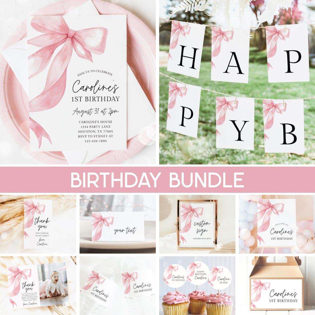 Pink Bow Birthday Bundle, Bows Invitation, Preppy Coquette Girl ...