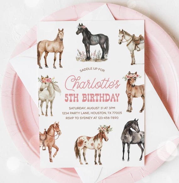 Horse Birthday Invitation, Floral Pony Invite, Western Cowgirl Saddle Up Girl Birthday Party Editable Template 25HR