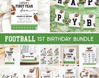 Football 1st Birthday Bundle, First Year Down Invitation, Football Boy 1st Birthday Party Package Editable Templates 55FB
