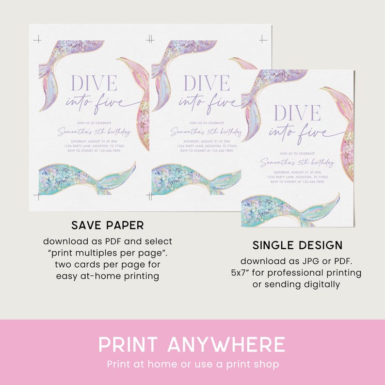 Dive into Five Invitation, Mermaid 5th Birthday Party, Dive into 5, Glitter Sparkle Mermaid Tail Invite Editable Template 23MR image 6