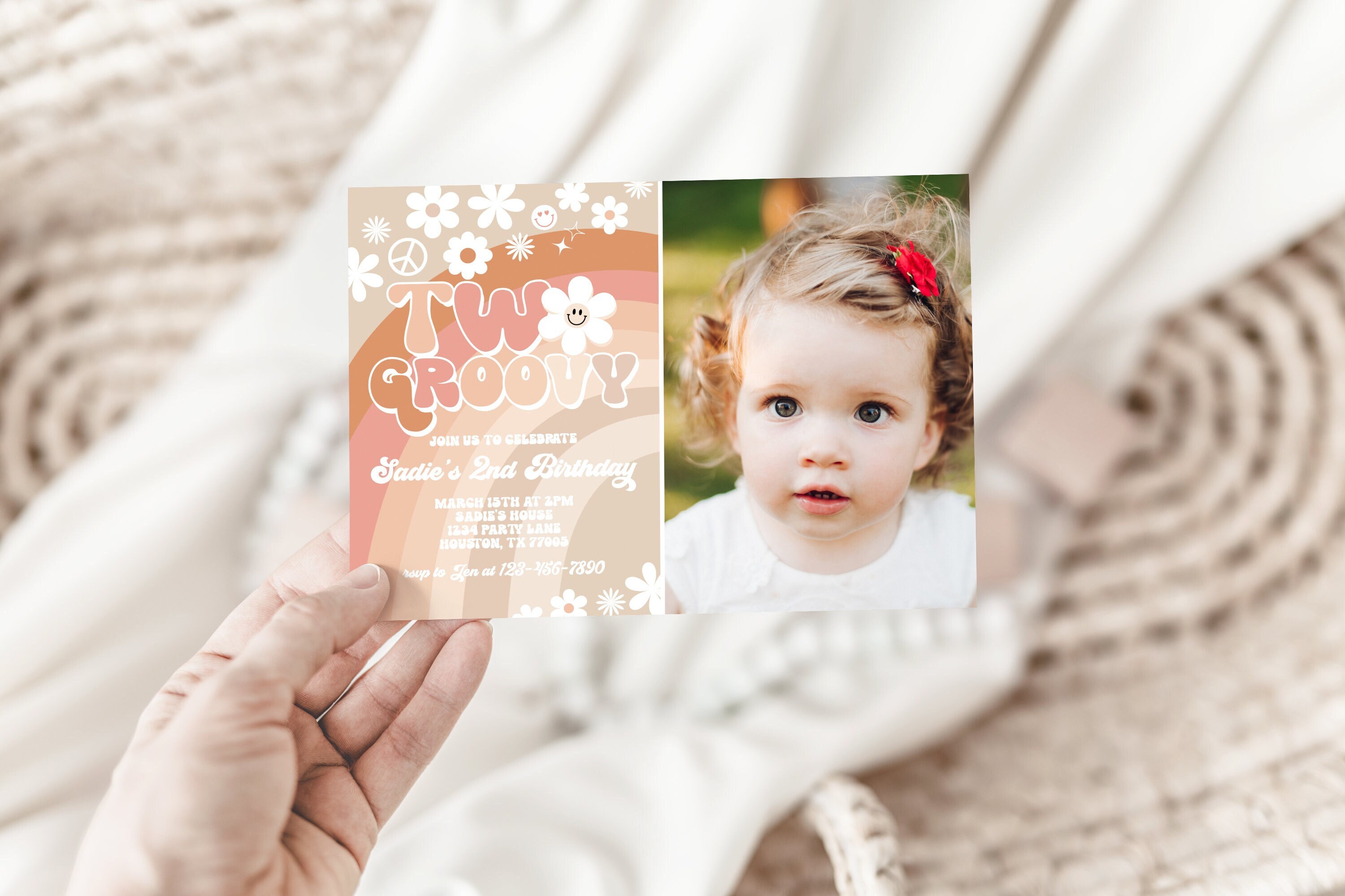 Editable Boho Two Groovy 2nd Birthday Photo Invitation Neutral Rainbow Hippie 70s Theme Girl Birthday Picture Invite Template