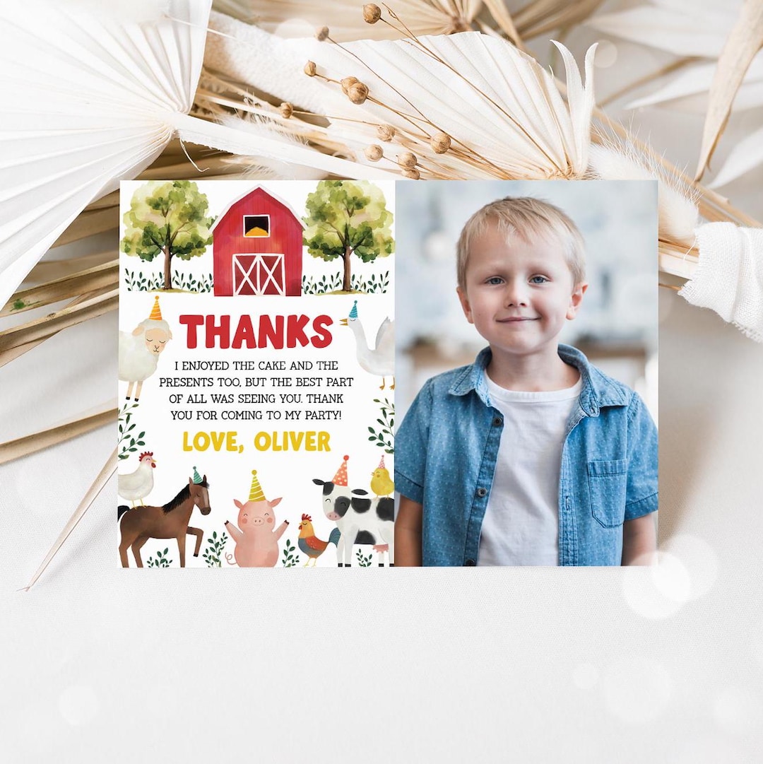 Farm Thank You Card, Barnyard Birthday Thank You, Barn Animals Photo ...