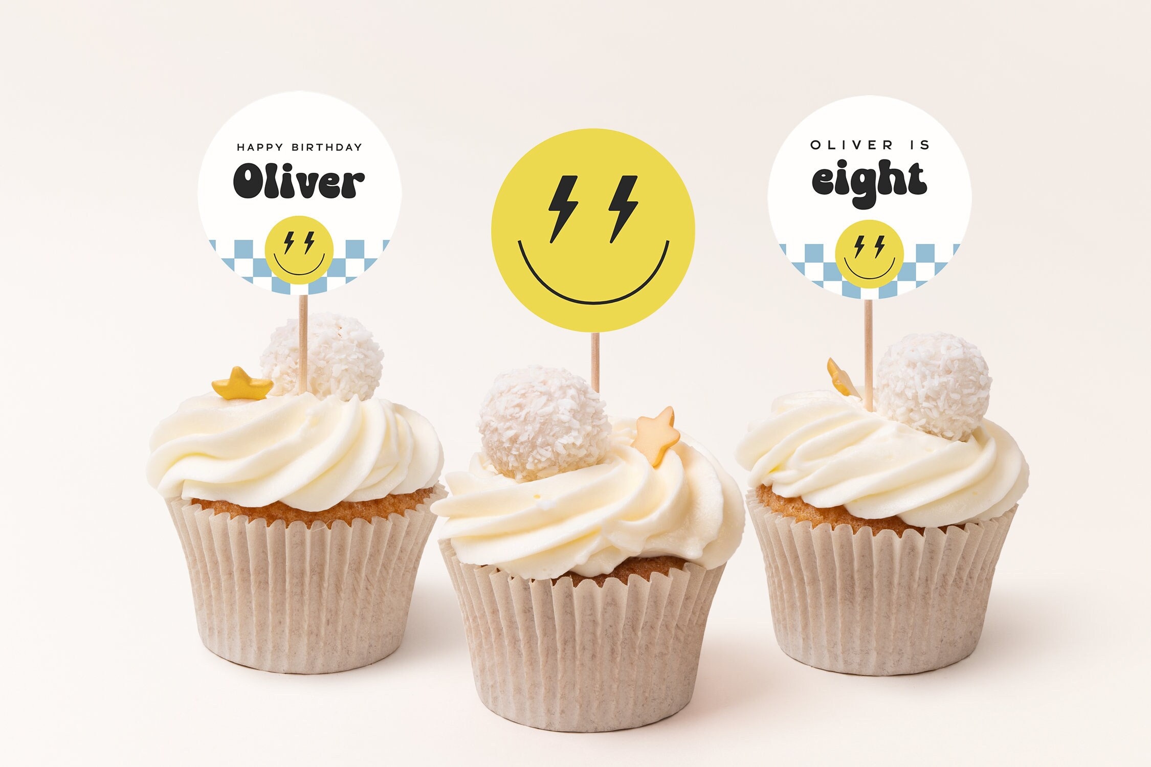 Editable Smiley Face Cupcake Toppers Lightning Bolt Eyes - Etsy