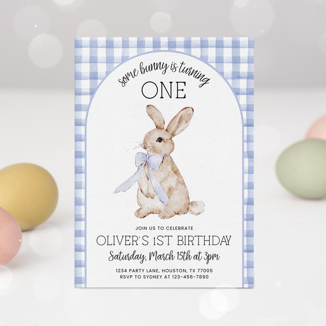 Simon The Rabbit Invitation Some Bunny Invitation, Easter Bunny Boy Birthday Party Invite, Gingham ...