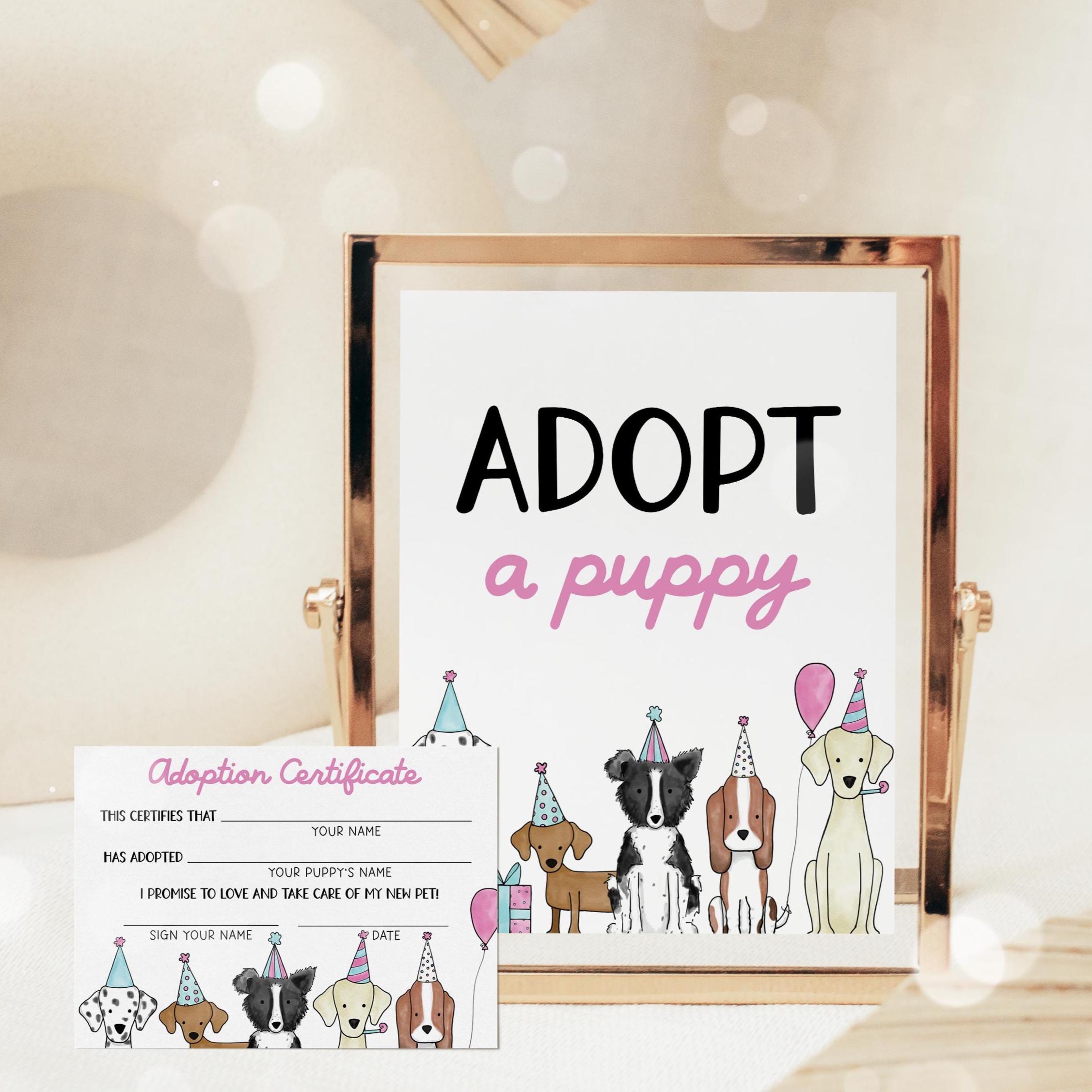 Adopt a Puppy Girl Birthday Sign, Puppy Adoption Certificate, Adopt a ...
