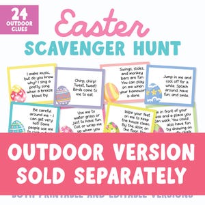 May include: A colorful Easter scavenger hunt game with 24 outdoor clues. The design features pastel colors, Easter eggs, and playful text prompts for a fun outdoor activity. The words "Easter Scavenger Hunt" are prominently displayed.