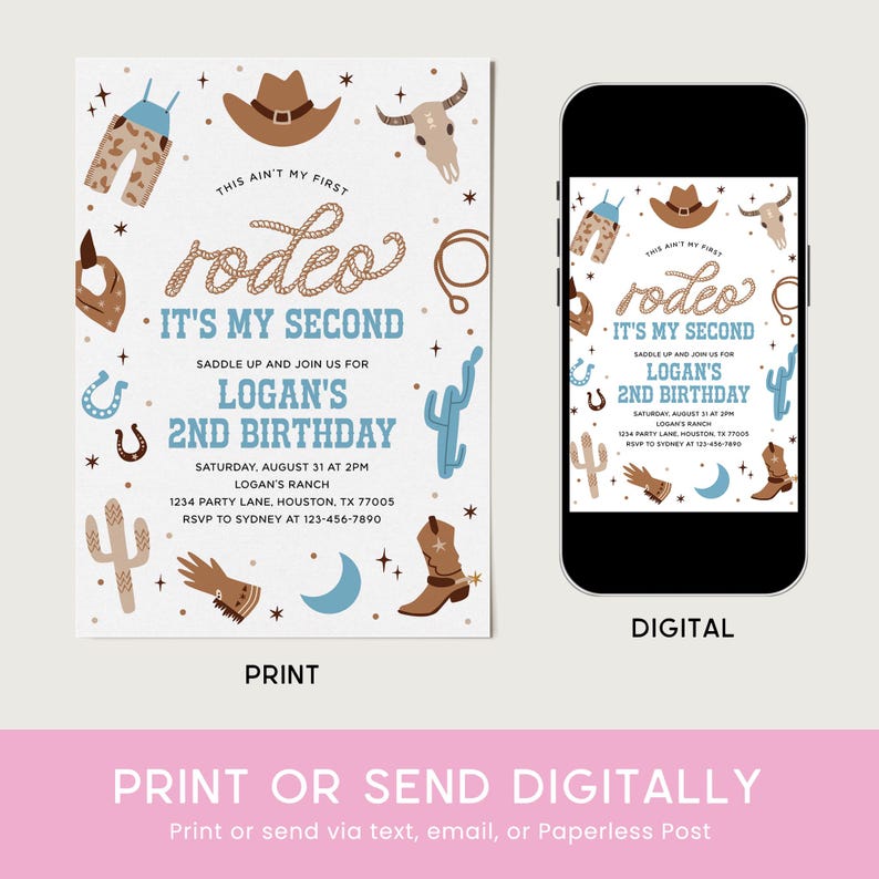 Puede incluir: Una invitaci&oacute;n de cumplea&ntilde;os con tem&aacute;tica de rodeo con ilustraciones de sombrero de vaquero, botas y herraduras. La invitaci&oacute;n dice "This ain't my first rodeo, it's my second" e incluye detalles del evento. Se muestra una versi&oacute;n digital en un tel&eacute;fono inteligente.