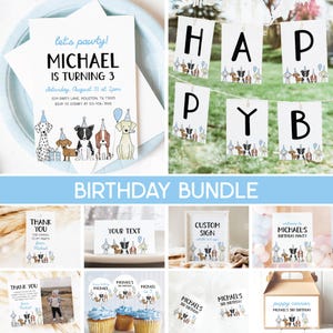 Dog Birthday Bundle, Puppy Party Invitation, Lets Pawty Dog Theme Boy Birthday Party Bundle Editable Templates 42DG