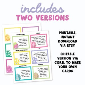 May include: Printable Easter scavenger hunt cards with colorful Easter egg designs and clues. Includes two versions, with text such as "Kitchen Sink" and "Shoes". The text also includes "Printable, Instant Download via Etsy".