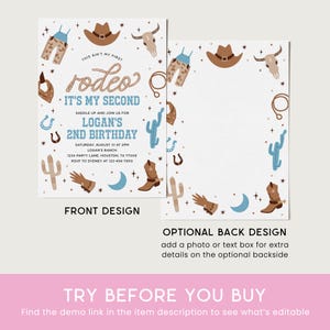 Puede incluir: Una invitaci&oacute;n con tem&aacute;tica de rodeo con un dise&ntilde;o frontal y posterior. La parte delantera presenta el texto "rodeo, It's my second, Logan's 2nd Birthday" con botas de vaquero, sombreros e ilustraciones de cactus. La parte posterior est&aacute; en blanco.