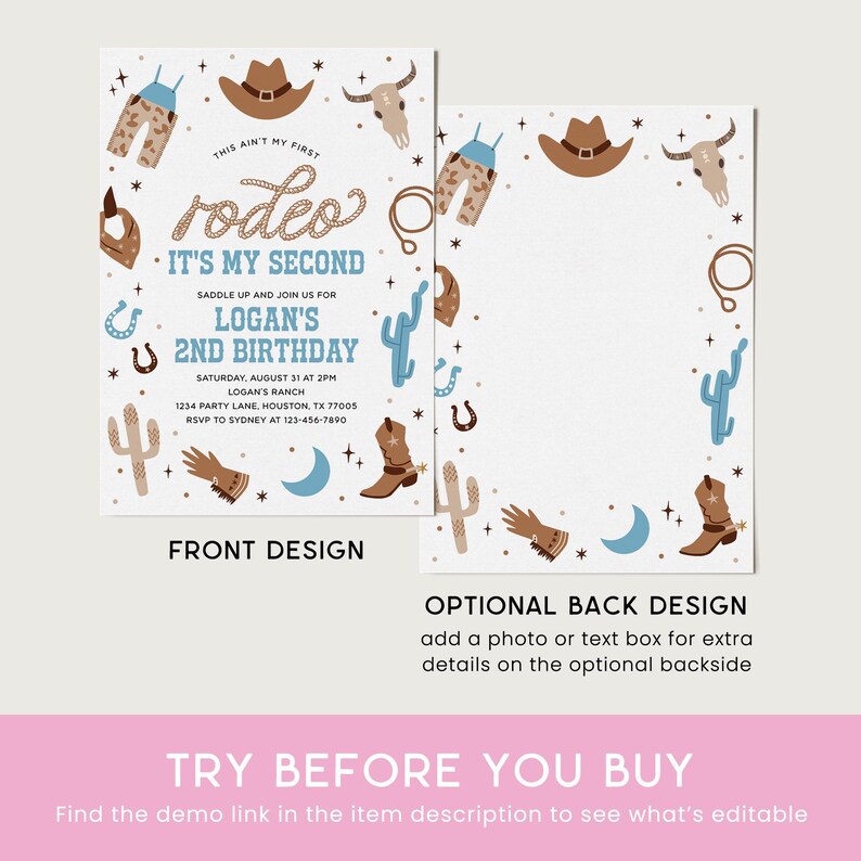Puede incluir: Una invitaci&oacute;n con tem&aacute;tica de rodeo con un dise&ntilde;o frontal y posterior. La parte delantera presenta el texto "rodeo, It's my second, Logan's 2nd Birthday" con botas de vaquero, sombreros e ilustraciones de cactus. La parte posterior est&aacute; en blanco.